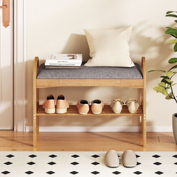 Costway Panca porta scarpe in bambù a 2 livelli con cuscino imbottito e ripiano, Organizzatore compatto per ingresso 70x31,5x51 cm