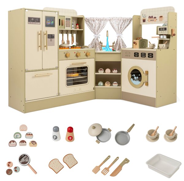 Costway Angolo giochi cucina per bambini in legno con rubinetto e fornelli realistici, Set cucinetta giocattolo con accessori per bambini 3+ anni