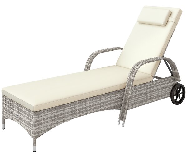 Outsunny Lettino prendisole con materasso, inclinazione multiposizione regolabile, braccioli, ruote 200 x 73 x 30-103 cm Grigio chiaro | Aosom Italy