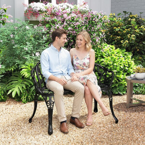 Outsunny Panca da giardino 2 posti in alluminio pressofuso resistente alle intemperie, panca esterna con schienale a tulipani e motivo floreale 99 x 57 x 78 cm | Aosom Italy
