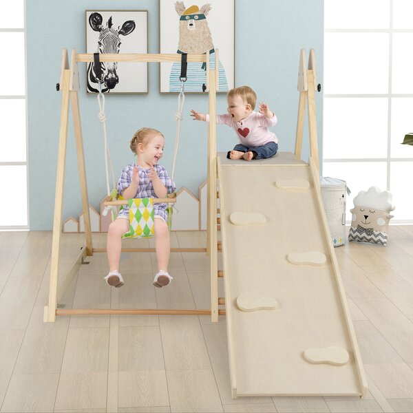Costway Palestra da interno 4 in 1 per bambini 1+ anni con altalena e struttura da arrampicata, Set Montessori in legno per gioco e attività motorie Naturale