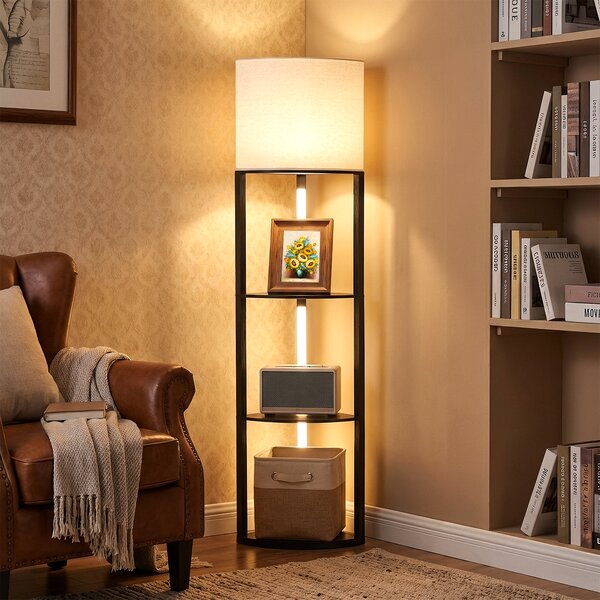 Costway Lampada da terra angolare con 3 mensole e luci LED dimmerabili, Lampada moderna per casa e soggiorno con interruttore a pedale
