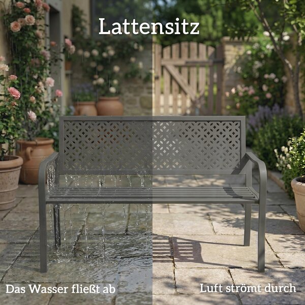 Outsunny Panca da giardino 2 posti in metallo resistente alle intemperie panca da esterno con schienale anti-ruggine, geometrica fino a 240 kg | Aosom Italy