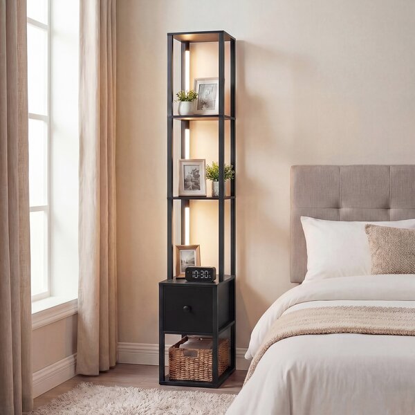 Costway Lampada da terra con ripiani e cassetto per soggiorno e camera da letto, Lampada moderna angolare con tavolino e luminosità regolabile