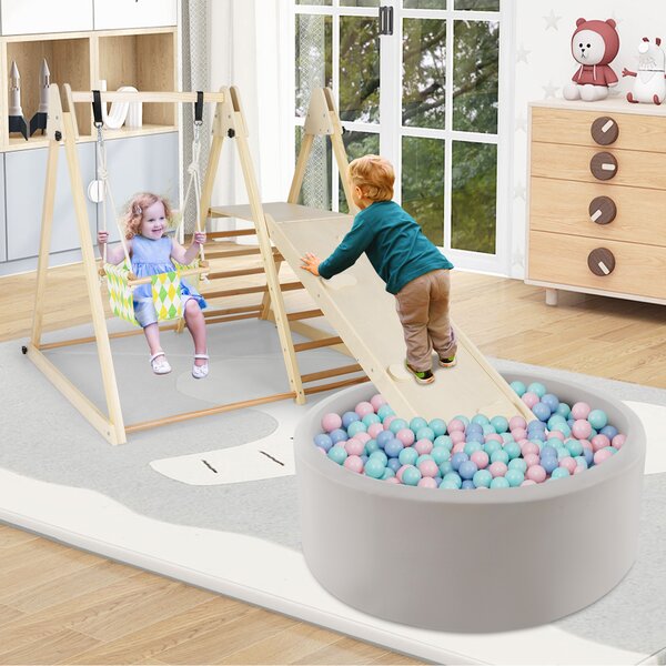 Costway Palestra da interno 4 in 1 per bambini 1+ anni con altalena e struttura da arrampicata, Set Montessori in legno per gioco e attività motorie Naturale