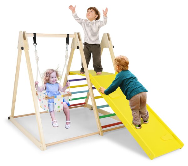 Costway Palestra da interno 4 in 1 per bambini 1+ anni con altalena e struttura da arrampicata, Set Montessori in legno per gioco e attività motorie Multicolore