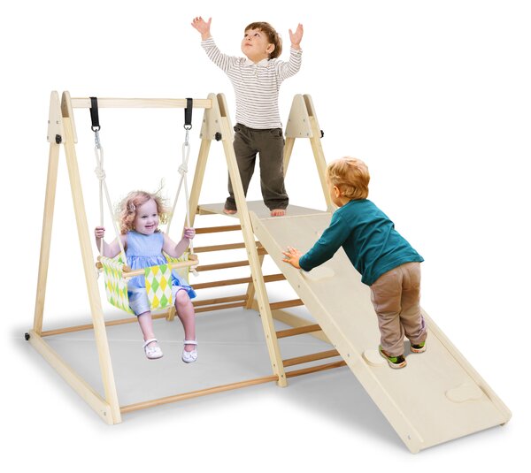 Costway Palestra da interno 4 in 1 per bambini 1+ anni con altalena e struttura da arrampicata, Set Montessori in legno per gioco e attività motorie Naturale