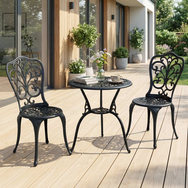 Costway Set bistrot da esterno 3 pezzi in alluminio pressofuso resistente alle intemperie, Mobili da giardino con foro ombrellone e schienali a farfalla Nero