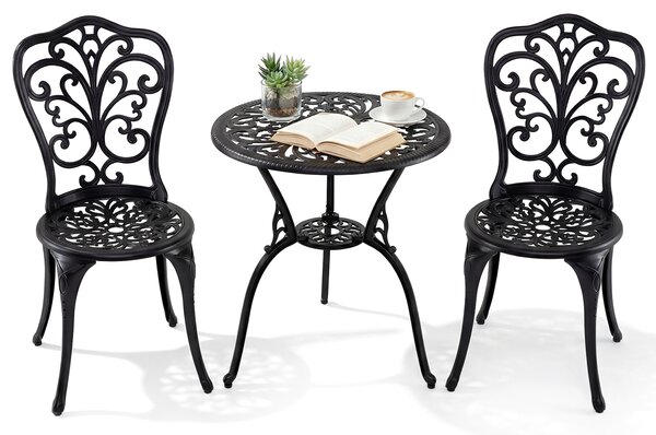 Costway Set bistrot da esterno 3 pezzi in alluminio pressofuso resistente alle intemperie, Mobili da giardino con foro ombrellone e schienali a farfalla Nero