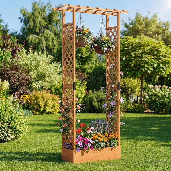 Costway Letto da giardino rialzato con traliccio e drenaggio integrato, Portapianta in legno di abete per interni ed esterni Arancione