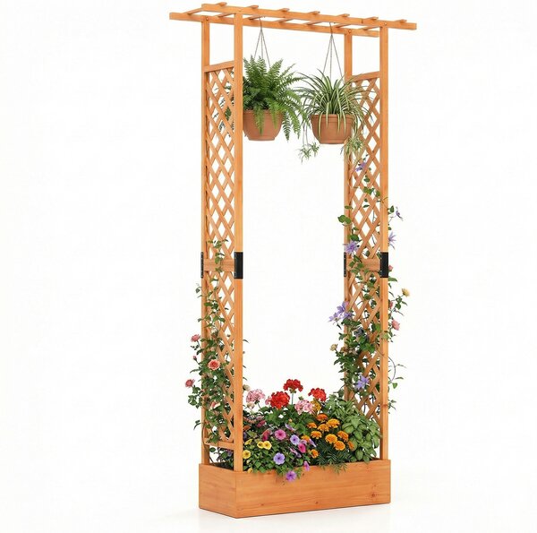 Costway Letto da giardino rialzato con traliccio e drenaggio integrato, Portapianta in legno di abete per interni ed esterni Arancione