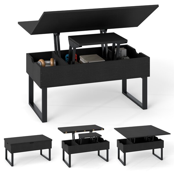 Costway Tavolino da caffè convertibile 3 in 1 con piano sollevabile e vani nascosti, Tavolino moderno in legno per soggiorno e ufficio Nero