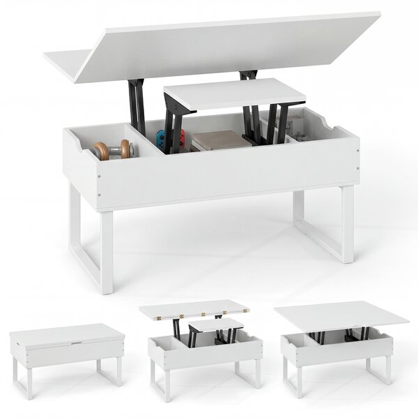 Costway Tavolino da caffè convertibile 3 in 1 con piano sollevabile e vani nascosti, Tavolino moderno in legno per soggiorno e ufficio Bianco