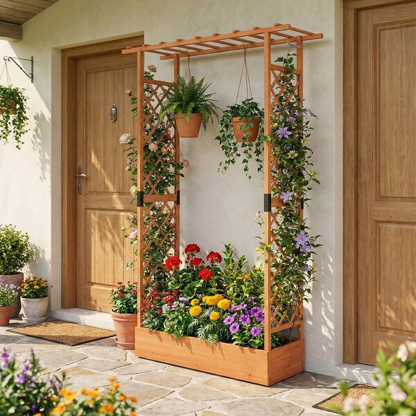 Costway Letto da giardino rialzato con traliccio e drenaggio integrato, Portapianta in legno di abete per interni ed esterni Arancione