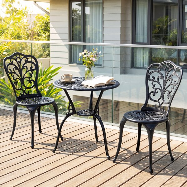 Costway Set bistrot da esterno 3 pezzi in alluminio pressofuso resistente alle intemperie, Mobili da giardino con foro ombrellone e schienali a farfalla Nero