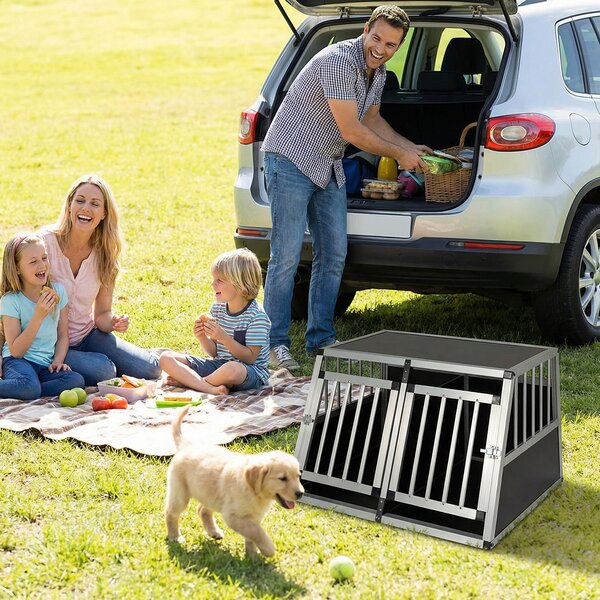 Costway Gabbia da viaggio per cani in alluminio con porta bloccabile divisorio rimovibile e design trapezoidale, Gabbia antimorso per cuccioli di piccola taglia