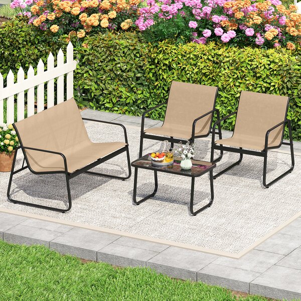 Costway Set di mobili da patio con tavolino in vetro temperato, Set da conversazione per esterni con telaio metallico Marrone