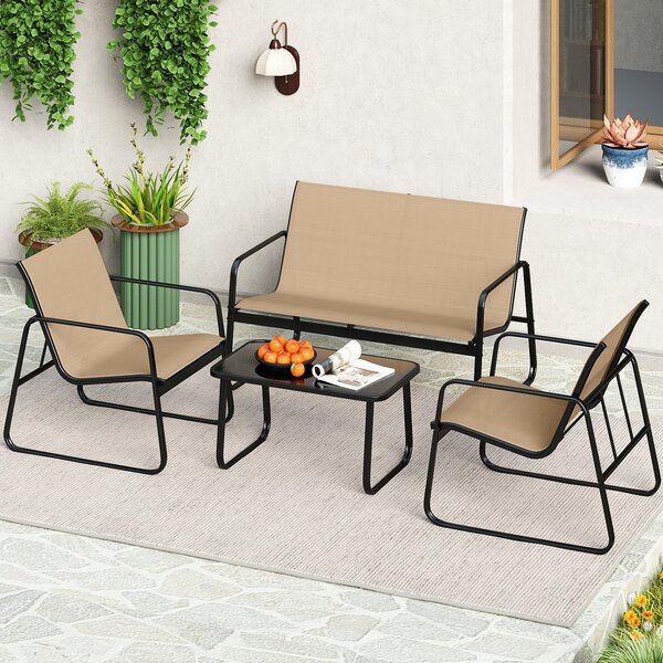 Costway Set di mobili da patio con tavolino in vetro temperato, Set da conversazione per esterni con telaio metallico Marrone