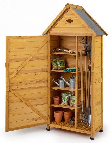 Costway Capanno da giardino in legno con porta serratura pavimento e 4 ripiani, Armadio da esterno con ventilazione e tetto inclinato per attrezzi Giallo