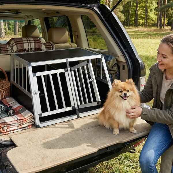 Costway Gabbia da viaggio per cani in alluminio con porta bloccabile divisorio rimovibile e design trapezoidale, Gabbia antimorso per cuccioli di piccola taglia