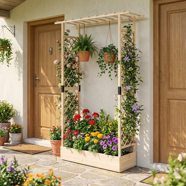 Costway Letto da giardino rialzato con traliccio e drenaggio integrato, Portapianta in legno di abete per interni ed esterni Naturale