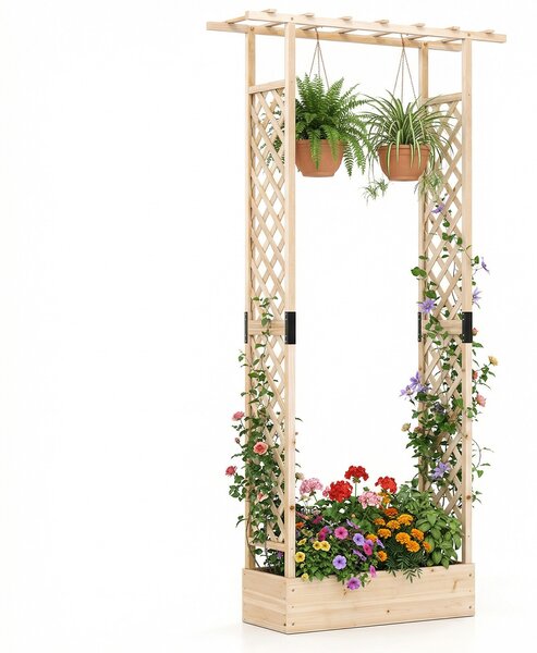Costway Letto da giardino rialzato con traliccio e drenaggio integrato, Portapianta in legno di abete per interni ed esterni Naturale