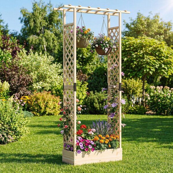 Costway Letto da giardino rialzato con traliccio e drenaggio integrato, Portapianta in legno di abete per interni ed esterni Naturale