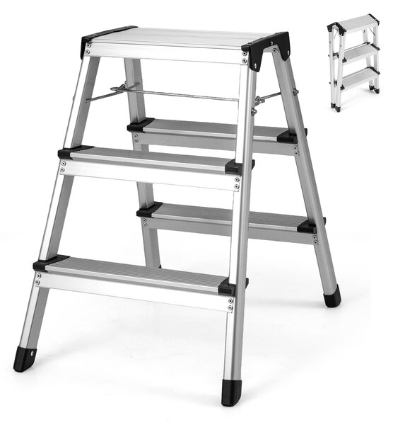 Costway Scala a 3 gradini in alluminio pieghevole con pedane larghe e piedini antiscivolo, Sgabello leggero portatile per casa cucina garage camper portata 150 kg