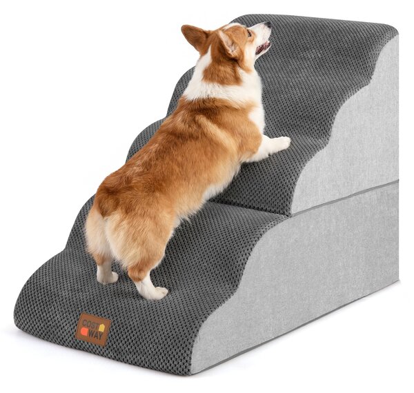 Costway Scale per cani a 5 gradini per letti alti divani e poltrone con rampe trasformabili, Scala in schiuma ad alta densità con fondo antiscivolo e copertura lavabile Grigio