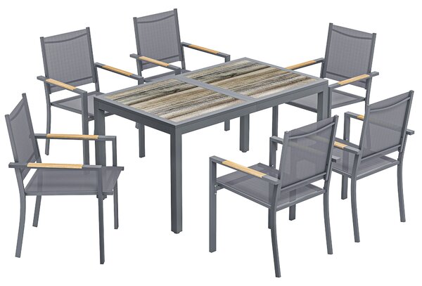 Outsunny Set da Pranzo Esterno per 6 Persone, Tavolo e Sedie, Sedie Impilabili in Rete e Tavolo Effetto Legno, Grigio Scuro | Aosom Italy