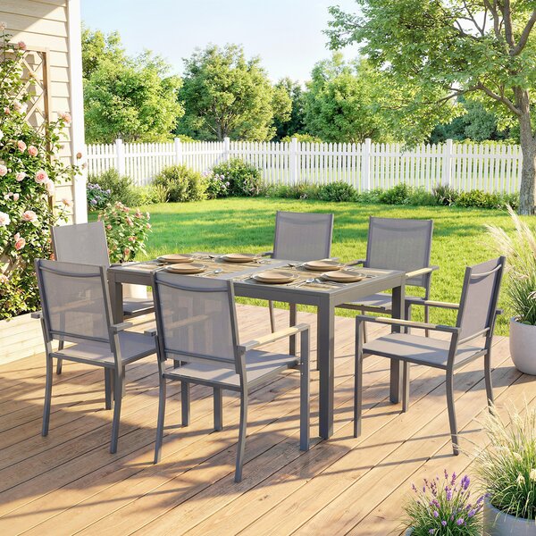 Outsunny Set da Pranzo Esterno per 6 Persone, Tavolo e Sedie, Sedie Impilabili in Rete e Tavolo Effetto Legno, Grigio Scuro | Aosom Italy