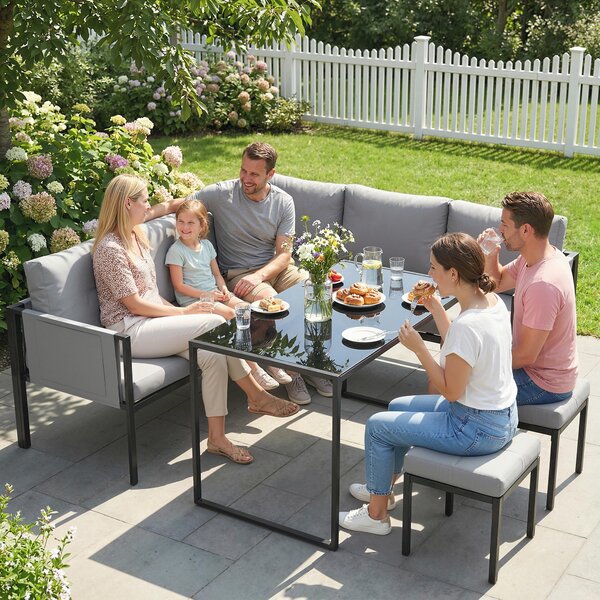 Outsunny Salotto da Giardino Divano ad Angolo Esterno 6 Pezzi Cuscini 10 cm Tavolo Alto e 2 Poggiapiedi Grigio | Aosom Italy