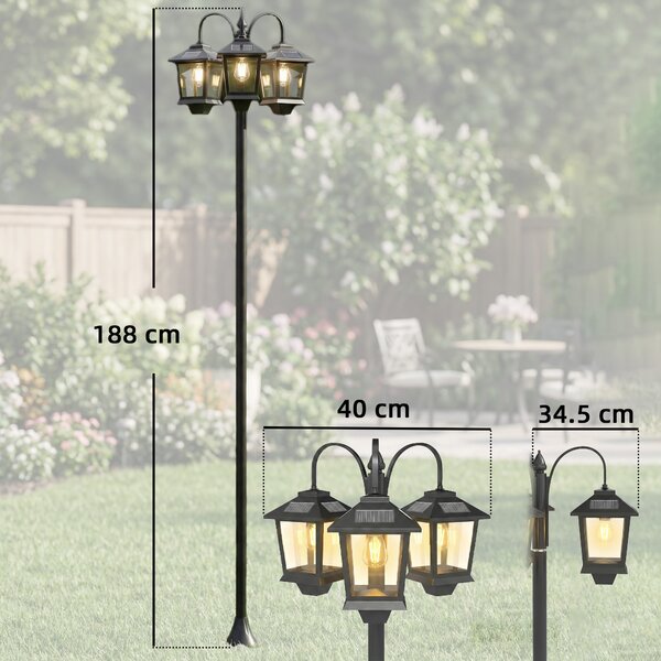 Outsunny Lampione solare da esterno a 3 teste, lampione da giardino, illuminazione LED, sensore automatico crepuscolo-alba, nero | Aosom Italy