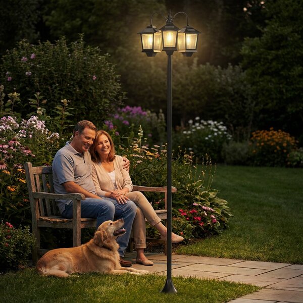 Outsunny Lampione solare da esterno a 3 teste, lampione da giardino, illuminazione LED, sensore automatico crepuscolo-alba, nero | Aosom Italy