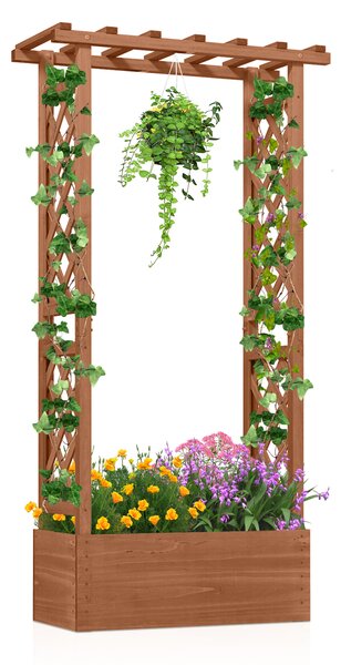 Costway Letto da giardino in legno con traliccio e tetto pendente, Scatola fioriera con fori di drenaggio per interni ed esterni Marrone scuro