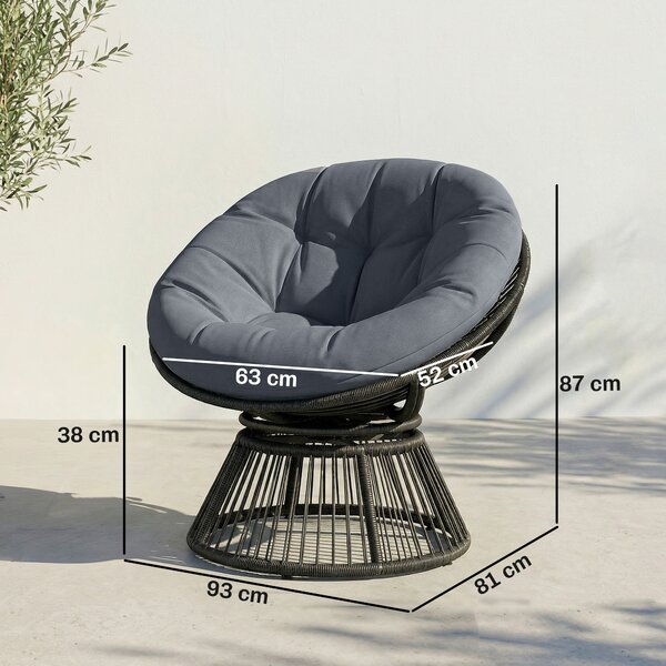 Outsunny Poltrona Papasan 360° girevole Poltrona a cesto con cuscino Telaio in acciaio Poltrona rotonda in rattan Poltrona lounge Grigio | Aosom Italy