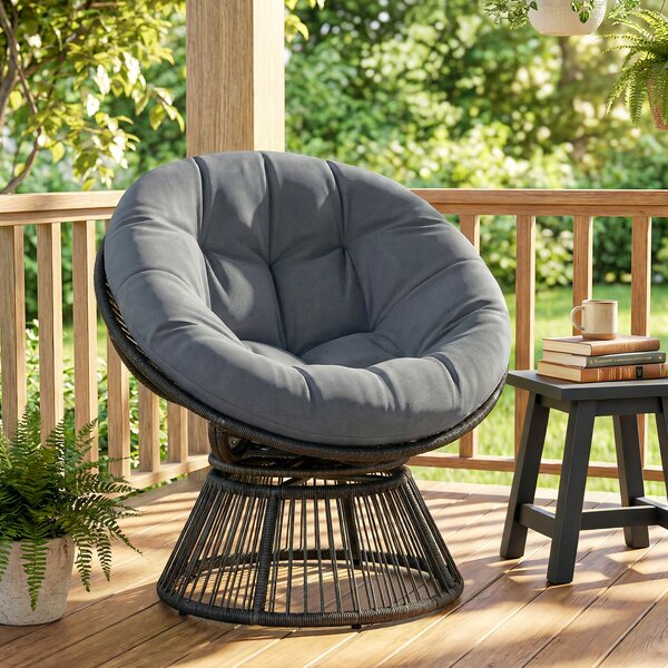 Outsunny Poltrona Papasan 360° girevole Poltrona a cesto con cuscino Telaio in acciaio Poltrona rotonda in rattan Poltrona lounge Grigio | Aosom Italy