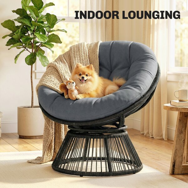 Outsunny Poltrona Papasan 360° girevole Poltrona a cesto con cuscino Telaio in acciaio Poltrona rotonda in rattan Poltrona lounge Grigio | Aosom Italy