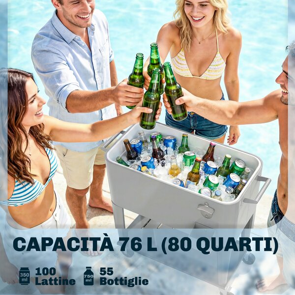 Outsunny Frigo Portatile 76L con Ruote, Ripiano e Apribottiglie, in Plastica, Metallo e Acciaio, 92x39x81 cm, Argento | Aosom Italy