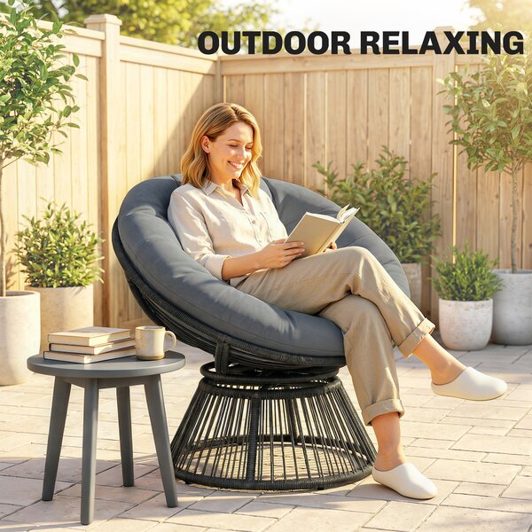 Outsunny Poltrona Papasan 360° girevole Poltrona a cesto con cuscino Telaio in acciaio Poltrona rotonda in rattan Poltrona lounge Grigio | Aosom Italy