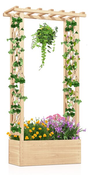 Costway Letto da giardino in legno con traliccio e tetto pendente, Scatola fioriera con fori di drenaggio per interni ed esterni Naturale