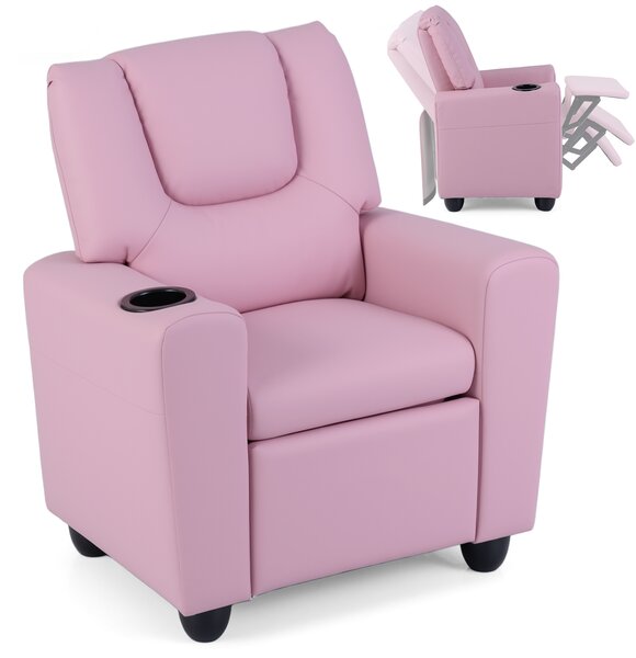 Costway Poltrona reclinabile per bambini con schienale regolabile in pelle artificiale, Poltrona per ragazzi 3+ anni con porta bicchiere e poggiapiedi regolabile Rosa