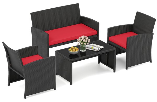 Costway Set da salotto per patio in rattan 4 pezzi con divanetto e poltrone, Mobili da esterno con tavolino vetro temperato per giardino e piscina Rosso