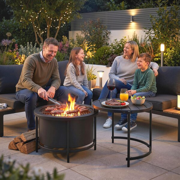 Outsunny Braciere Rotondo con Griglia, Attizzatoio e Coperchio, 66x63x41 cm, Nero | Aosom Italy