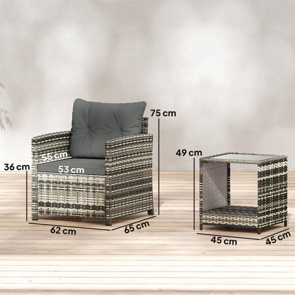 Outsunny Set da Giardino Esterno 3 Pezzi in Resina Intrecciata Tavolo e 2 Poltrone con Cuscini, 62x65x75cm, Grigio Chiaro | Aosom Italy
