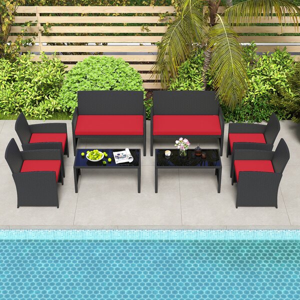 Costway Set da salotto per patio in rattan 4 pezzi con divanetto e poltrone, Mobili da esterno con tavolino vetro temperato per giardino e piscina Rosso