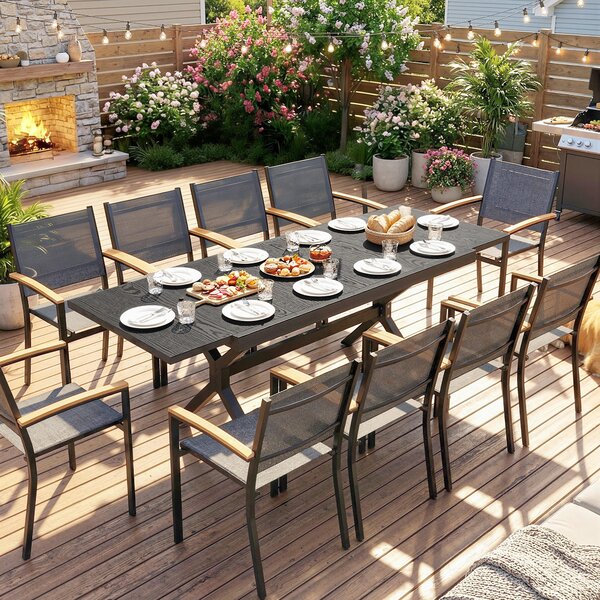 Outsunny Tavolo da Giardino Allungabile Alluminio Tavolo da Pranzo Esterno Effetto Legno 8-10 Persone 214x85x73cm Grigio Antracite | Aosom Italy