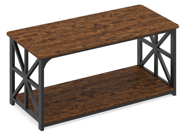 Costway Tavolino da caffè stile industriale rustico a 2 livelli con mensola aperta, Tavolo centrale rettangolare con struttura metallica resistente 109x50x48 cm Marrone