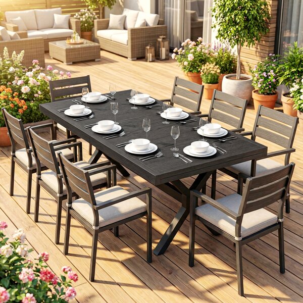 Outsunny Tavolo da Giardino Allungabile Alluminio Tavolo da Pranzo Esterno Effetto Legno 8-10 Persone 214x85x73cm Grigio Antracite | Aosom Italy