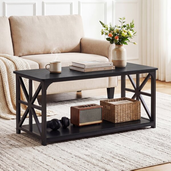 Costway Tavolino da caffè stile industriale rustico a 2 livelli con mensola aperta, Tavolo centrale rettangolare con struttura metallica resistente 109x50x48 cm Nero